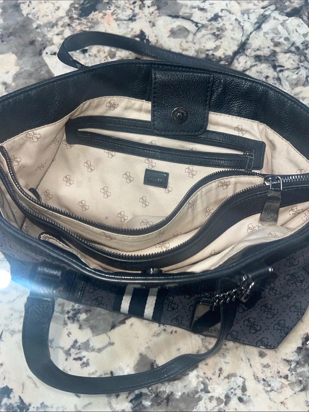 Guess by Marciano Brown and Black Monogram Stripe Tote